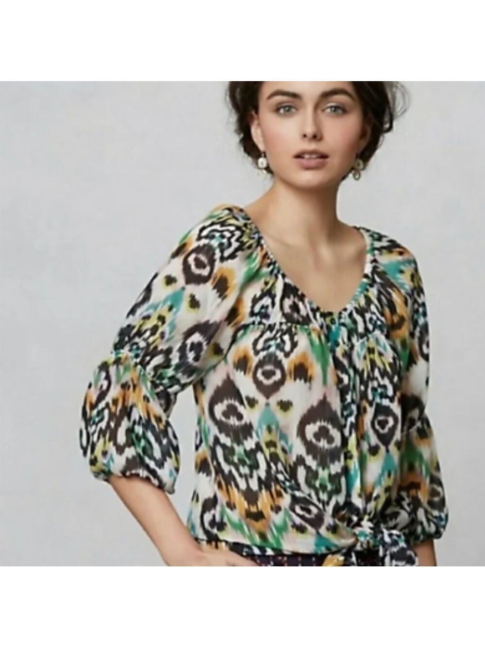Anthropologie Vanessa Virginia Silk Ikat Print tie front Peasant Blouse SZ S